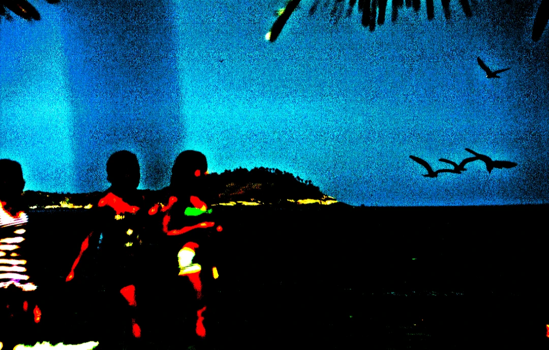 Composição de silhuetas, pássaros e luz azul